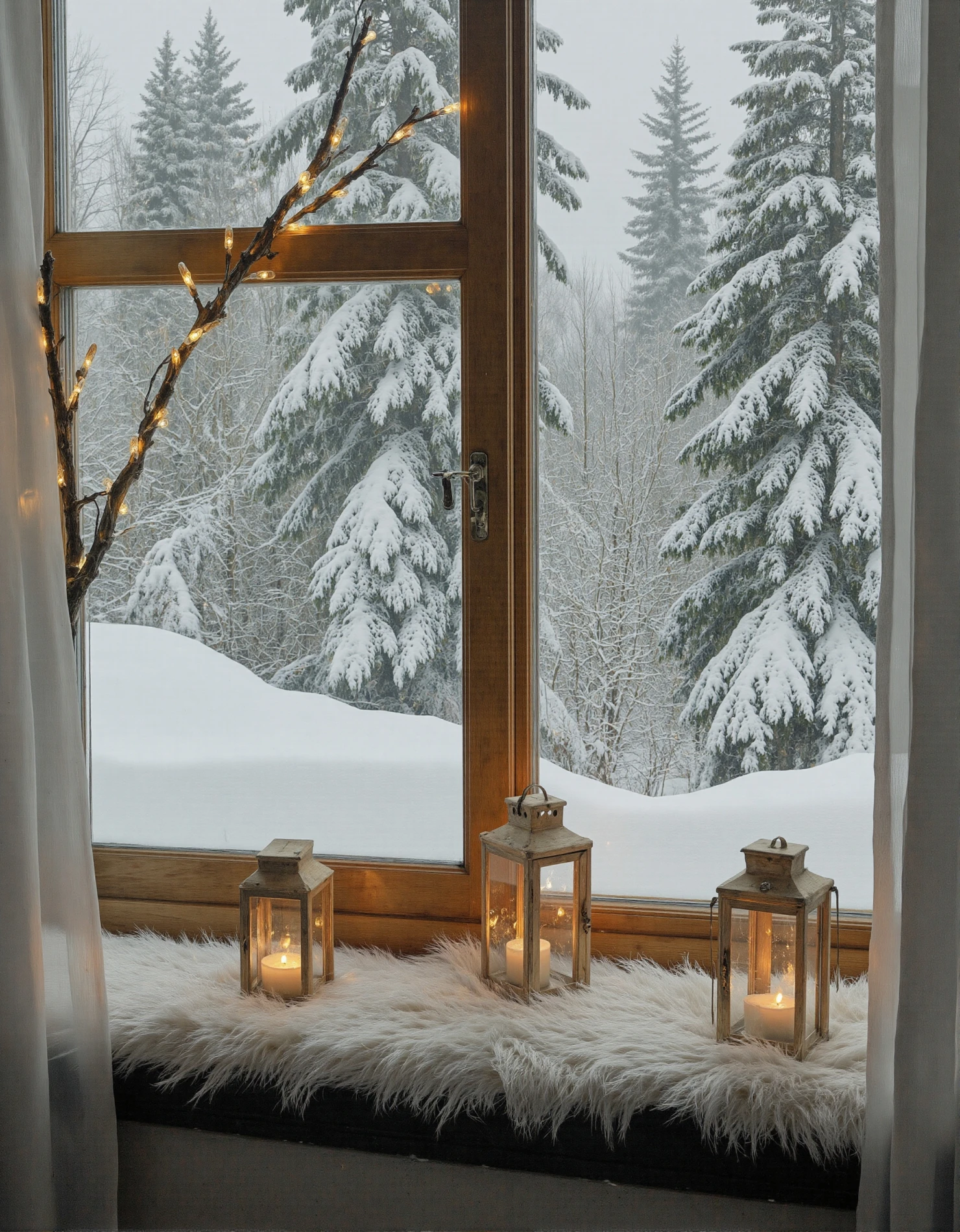 Cozy Winter Window View with Lanterns and Snowy Forest #41487