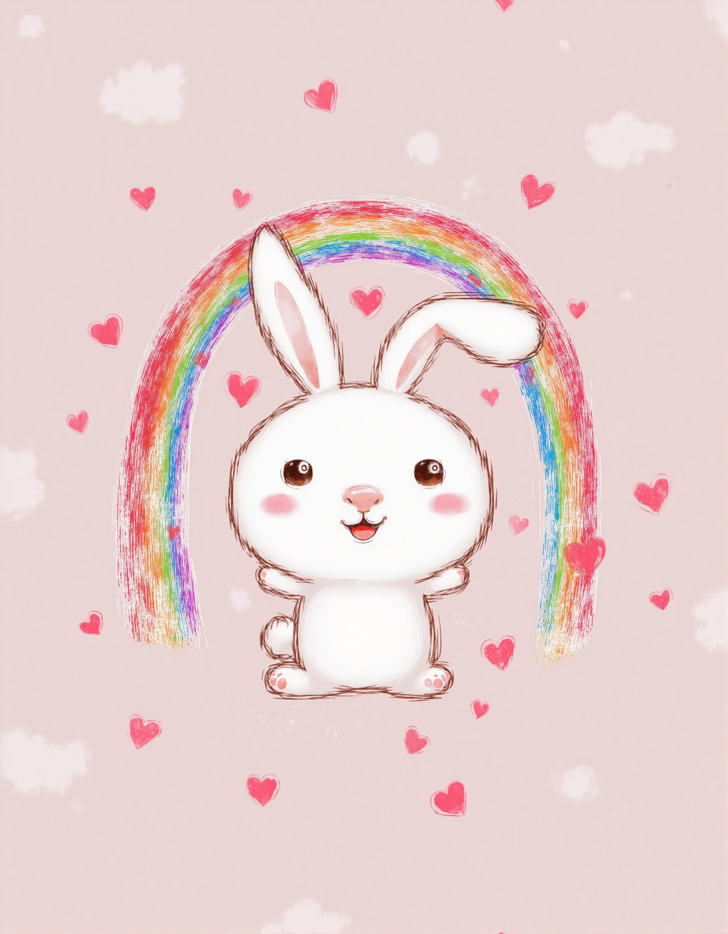 Adorable White Bunny with Pastel Rainbow and Hearts #41497